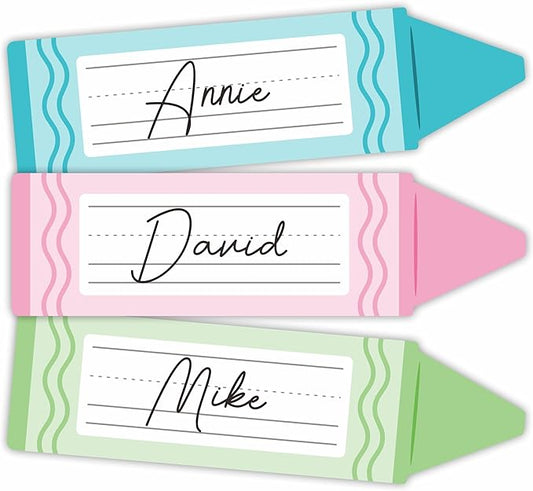 Self-Adhesive Student Name Tags -Colorful Crayon Shapes Name Plate Stickers for Teens -45 Pcs Multipurpose Name Label Favors Decorations & Supplies for Classroom Desks Bulletin Boards School -A09