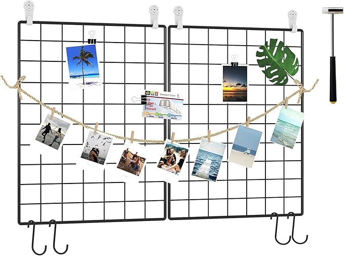 C&AHOME Photo Wall Grid Panel Set of 2, Decor Grid Panel, Photo Display Shelves, Hooks, Clips, Hemp Cord, Hammer, 15.7" 11.8", Black UWWGM3402B