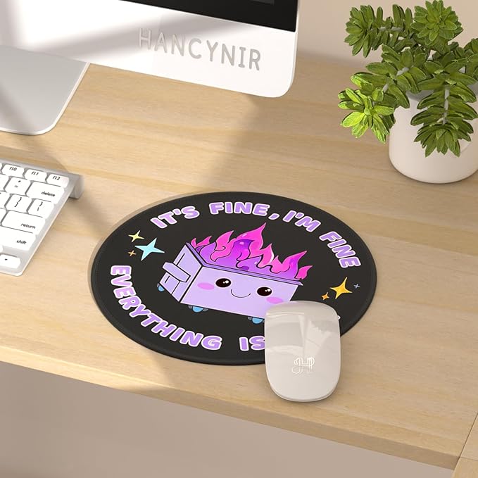 Funny Mouse Pad for Desk, Cute Office Decor for Women, Dumpster on Fire Small Mousepad with Non-Slip Rubber Base, This is Fine Round Computer Mouse Pads for Laptop Desk Accessories Supplies