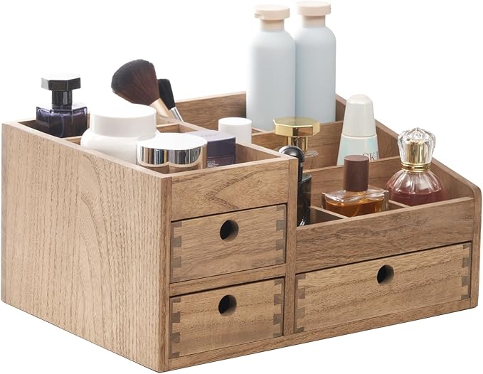 KIRIGEN Wood Makeup Organizer Storage Cabinet Tabletop Cosmetic Organizer Jewelry Storage Box 8 Compartment Makeup Display Case with 3 Drawers Brown(HZG-DBR)