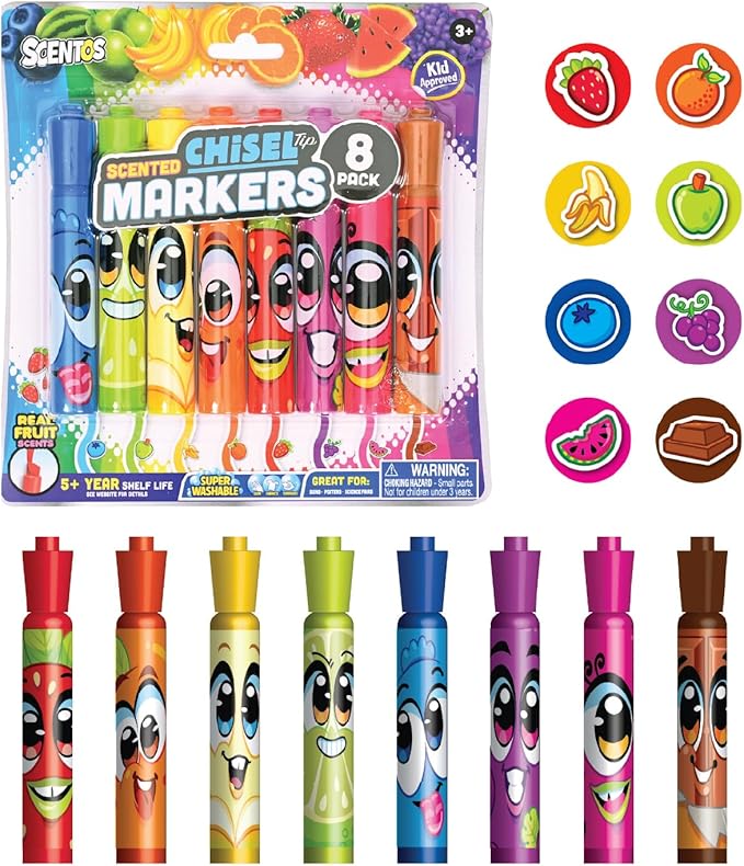 Scentos Fruit Scented Chisel Tip Markers, 8 Pack, Kid Approved, Super Washable, for Posters and Science Fairs, Assorted Colors