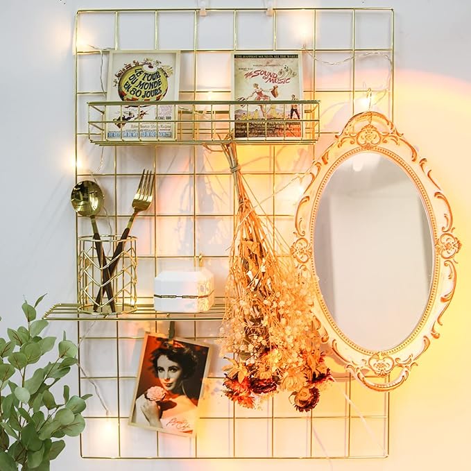 Grid Wire Board,for Memo Picture Panel Wall Decoration for Room Office Mat Photo Hanging Art Display Frames Desk Storage Organizer,17.3" x 11.8"(2Pack) (Gold)