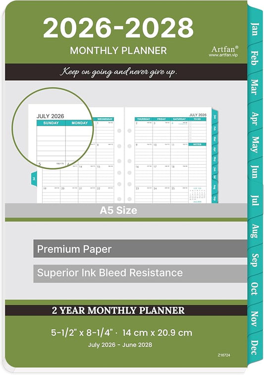 2026-2028 Monthly Planner Refill - Planner Inserts with 7-Hole Punched, 5-1/2" x 8-1/2", July 2026 to June 2028, Two Pages Per Month, 2026-2028 Calendar with Monthly Tabs