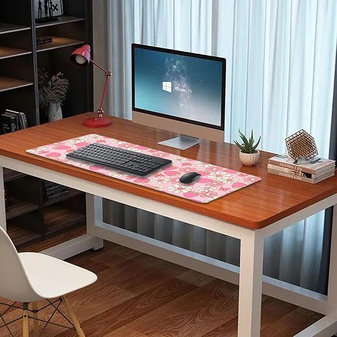 Pink Strawberries Flowers Desk Pad Mouse Pad,Large Butterfly Floral Mouse Mat with Stitched Edges,Non-Slip Rubber Base Mousepad for Office PC Keyboard Laptop and Home Work Desk Mat(31.5X11.8 in)