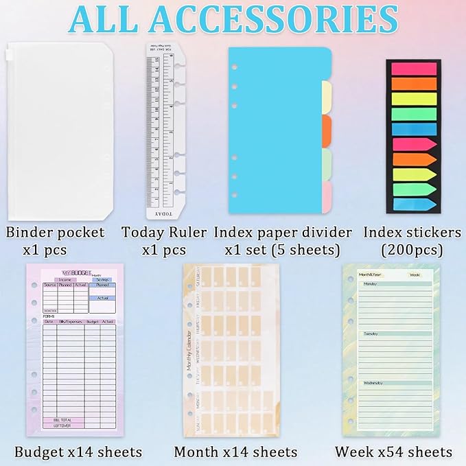 A6 Binder Planner Inserts, Monthly Weekly Planner Refills Budget Sheets, Colored Index Stickers, Binder Pockets and Today Ruler, Index Paper Divider, for A6 Binder Planner Accessories(6 Hole)