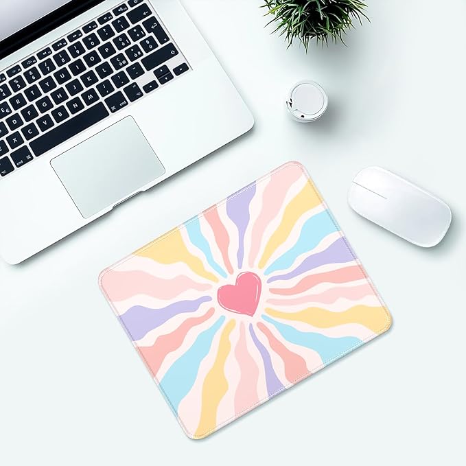 Cute Pink Rainbow Heart Desk Pad Mat with Stitched Edges and Non-Slip Rubber Base, Premium-Textured Mouse Pad for Laptop, Computer & PC, Gaming & Working, Waterproof Mousepad