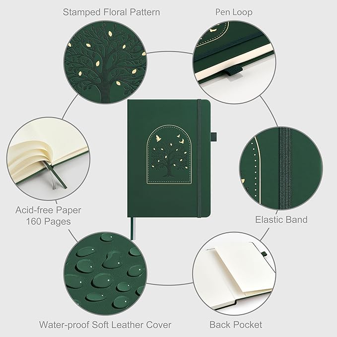 &And Per Se Bullet Dotted Journal, A5 Hardcover Aesthetic Notebook – 160 Pages 100gsm Thick Dot Grid Paper, 3 Sticker Sheets – Gift-Ready Journaling Kit for Women (Dark Green)