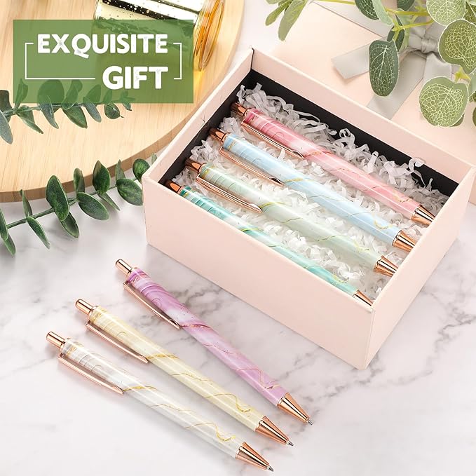 Sherr 7 Pcs Fancy Pens for Women Cute Sparkly Glitter Pens with 10 Pcs Black Ink Refills Pretty Gifts for Girls Office School Christmas Graduation(Marble)