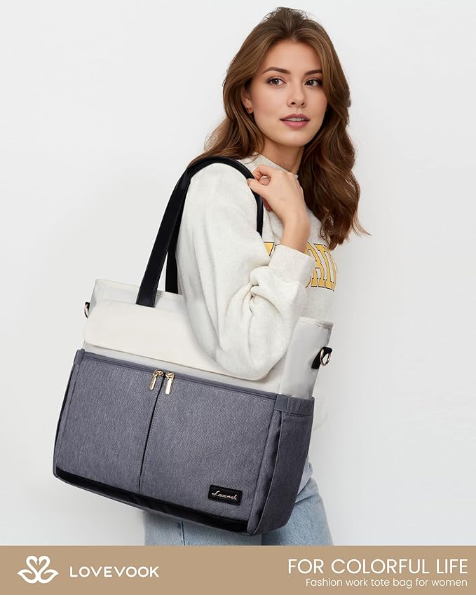 LOVEVOOK Laptop Bag for Women 15.6 Inch Canvas Laptop Large Capacity Work Bags Mutiple Pockets Teacher Bag Water Resistant Computer Bags for Business Travel Nurse, Gray Beige