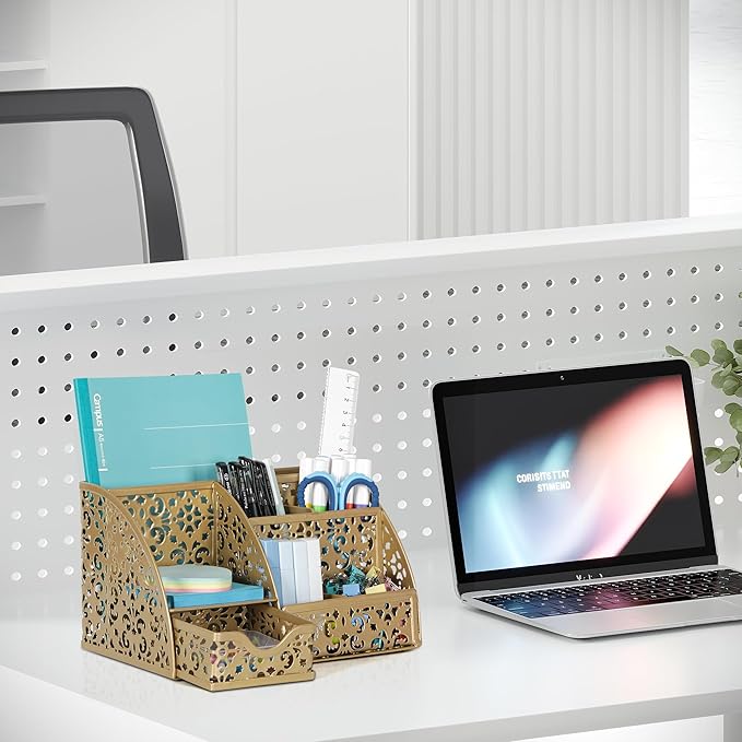 EasyPAG Pen Holder Desk Organizer with Drawer Pencil Cup for Desk 6 Compartments Metal Office Caddy Storage with Sticky Notes Holder for School Home Office, Gold