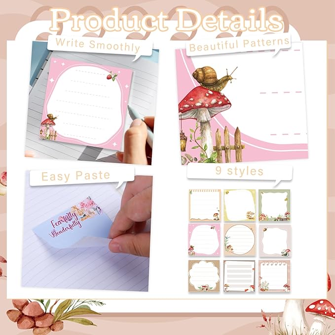 Mushroom Sticky Notes Gifts - 9 Pack Cartoon Mushroom Notepads 3x3 Inch Gifts for Students Coworkers, Cute Self-Adhesive Memo Pads Office School Supplies (450 Sheets)