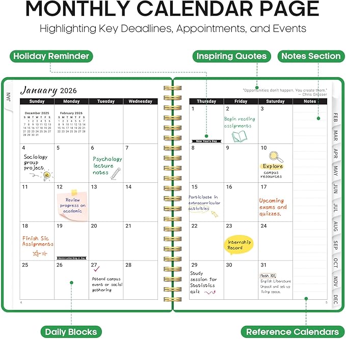 2026 Planner, Weekly and Monthly Calender Planner, Jan 2026 to Dec 2026, Hardcover 2026 Calendar Book with Tabs & Inner Pocket, Office Home School Supplies for Women & Men - A5 (6.3" x 8.5"), Racing Green