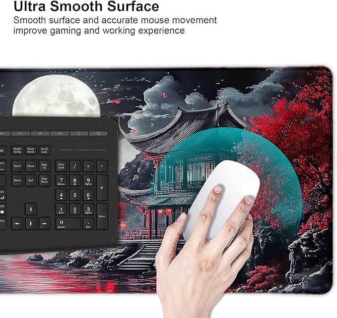 Japanese Mountain Red Full Moon Landscape Large Mouse Pad, Desk Mat Computer Keyboard Pad Non-Slip Rubber Base Waterproof with Stitched Edges for Laptop Gaming, Office & Home 31.5 x 11.8 Inch