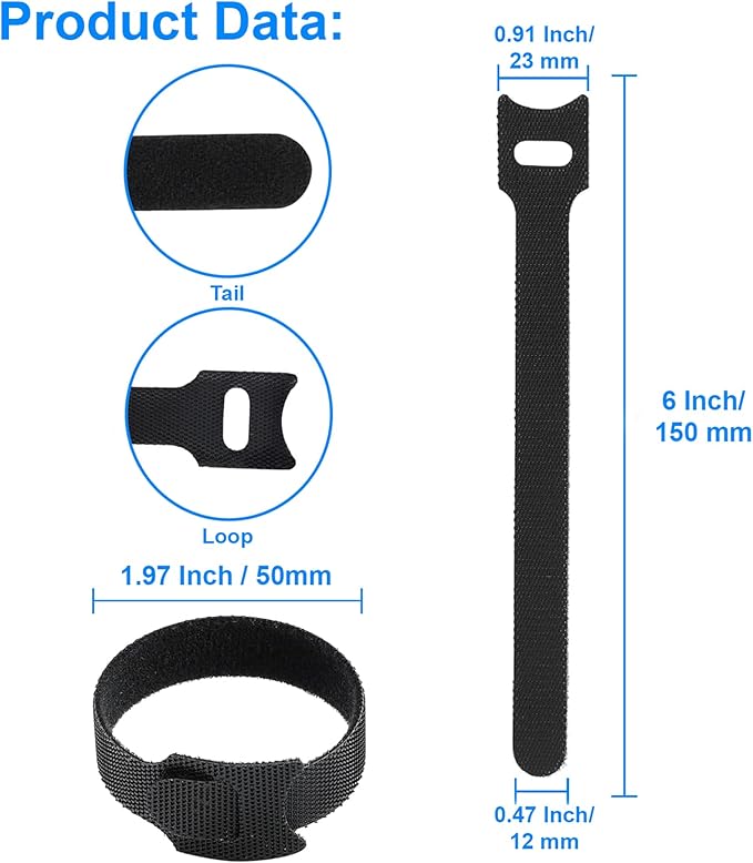 60 PCS 6 Inches Reusable Cable Ties, Adjustable Cord Straps, Cable Organizer, Cord Wrap and Hook Loop Cords Management - Black