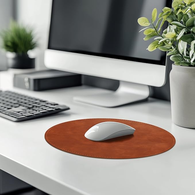 Mouse Pad，Round Mouse Pad，PU Mouse Pad，Leather Mouse Pad with Stitched Edge Micro-Fiber Base with Non-Slip Waterproof，Mouse Pad for Computers，Laptop，9 x 9 Inch (Caramel Brown)
