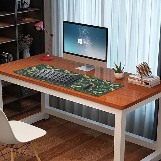 Leopard Desk Pad Mouse Pad,XL Extend Leaves Gold Mouse Mat with Stitched Edges for Gift,Non-Slip Rubber Base Mousepad for Office PC Keyboard Laptop and Home Work Desk Mat(31.5X11.8 in)