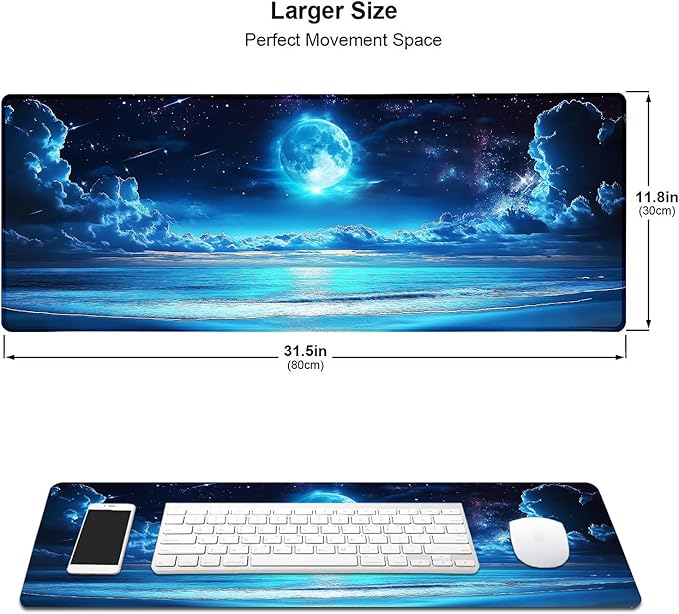 Blue Full Moon Sea Beach Large Mouse Pad, Desk Mat Computer Keyboard Pad Non-Slip Rubber Base Waterproof with Stitched Edges for Laptop Gaming, Office & Home 31.5 x 11.8 Inch