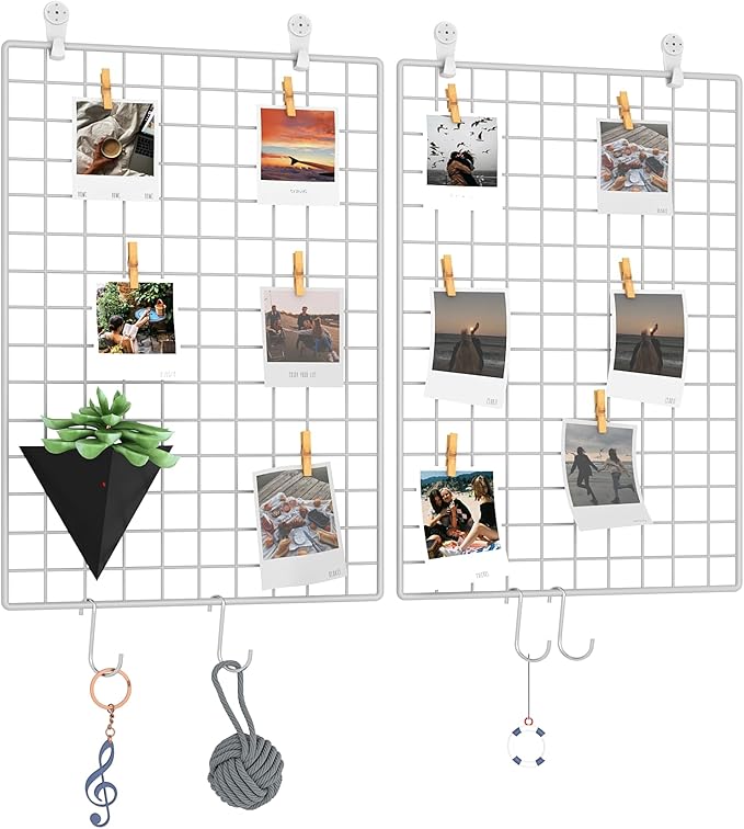 C&AHOME Photo Wall Display Set of 2, Grid Panel with Hooks, Clips, Hemp Cord, Hammer - 17.7" x 25.6", White UWWGM4565W