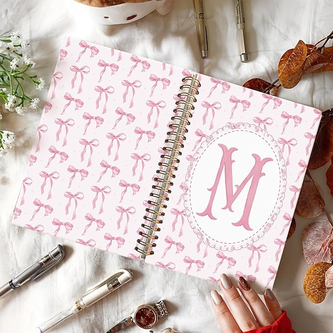 LIANGW Pink Bow Journal Notebook for Teen Girls,Initial M Journals Personalized Diary Gifts for Teen Girl Kids, Monogrammed Gifts for Women, Coquette Cute Hardcover Spiral Notebook 5.5 x 8.3