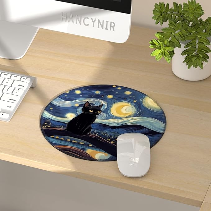 Black Cat Mouse Pad for Desk, Starry Night Small Cute Mousepad with Non-Slip Rubber Base, Round Mouse Pads for Wireless Mouse Laptop, Computer Mouse Mat for Home Office Desk Accessories