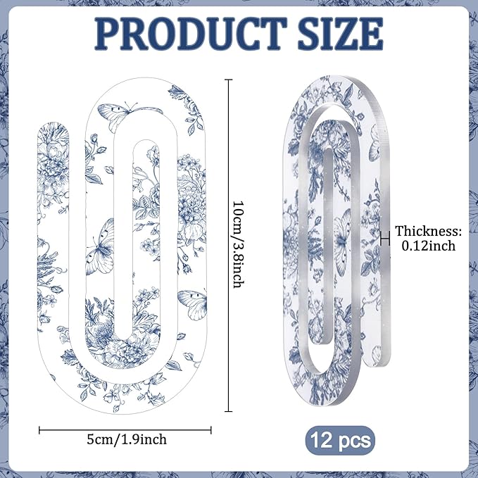 Tinlade 12 Pcs Blue Floral Jumbo Acrylic Paper Clips 4 x 2 Inch Blue and White Cute Giant Paperclips for Teachers Students Classroom Office Bookmark Gift Home Desk Accessories Book Lovers