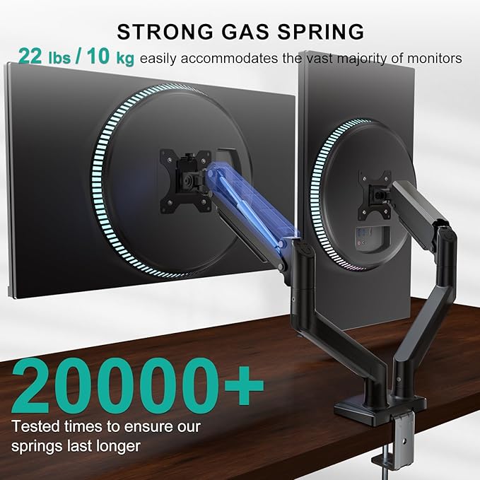 WALI Dual Monitor Stand for 17-32 inch Computer Screens, Dual Monitor Arms for 2 Monitors Holds up to 22 lbs, Height Adjustable Gas Spring Dual Monitors Mount, VESA 75x75/100x100mm (GSMP002N), Black