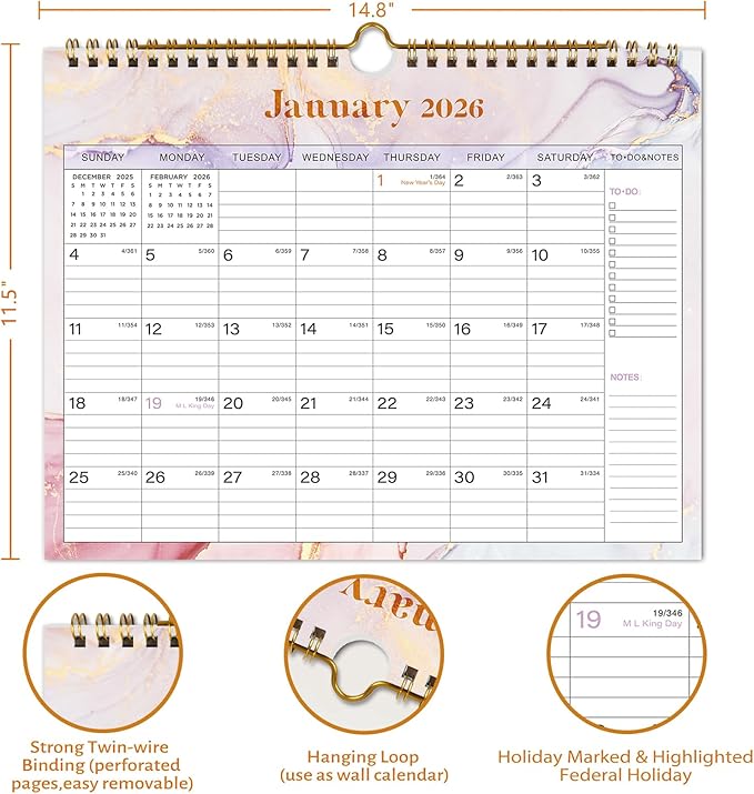 2026 Wall Calendar - 12 Monthly Calendar 2026, January 2026 - December 2026,11.5" x 14.8", 2026 Calendar with Twin-Wire Binding, Hanging Hook, Blocks and Julian Dates (Wall Calendar Purple)
