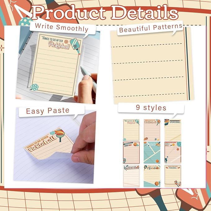 Pickleball Sticky Notes Gifts - 9 Pack Funny Pickleball Notepads 3x4 Inches, Sport Themed Self-Adhesive Memo Mini Pads, Office School Supplies Gifts for Men Women (450 Sheets)