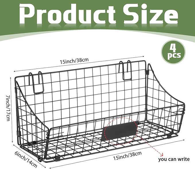 Blulu 4 Pcs Wire Wall Basket, Black Metal Grid Basket with Hooks Wall Hanging Storage Accessory for Vendor Trade Shows Kitchen Bathroom Pantry Supplies(15 x 7 x 6 Inch)