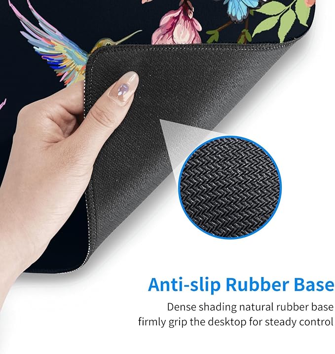 Hummingbirds and Flowers Large Mouse Pad with Stitched Edges Long Non-Slip Rubber Base Mousepad Laptop Keyboard Mat Desk Pad for Office Home Desk Decor, 31.5" X 11.8"