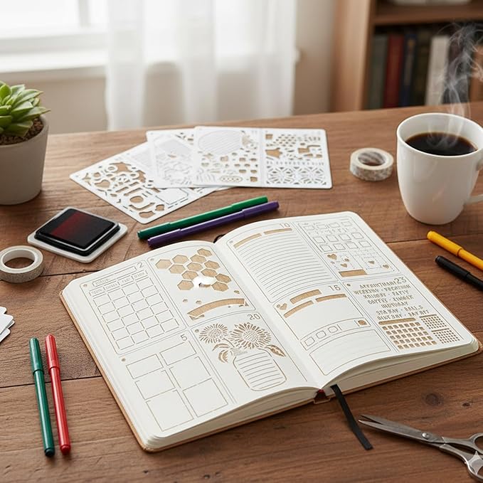 24 PCS 5x7 Inch Calendar Stencils for Planners, Planner Stencils Templates, Journal Stencil for Calendar Making, Habit Tracking, and Creative Journaling, Reusable Templates for Students, and Artists