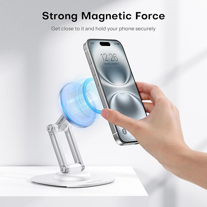 OMOTON 360°Rotating Magnetic Phone Stand for Desk, Adjustable Foldable Aluminum for MagSafe Cell Phone Stand Holder with Non-Slip Base, for iPhone 16/15/14/13 Pro Max (White)