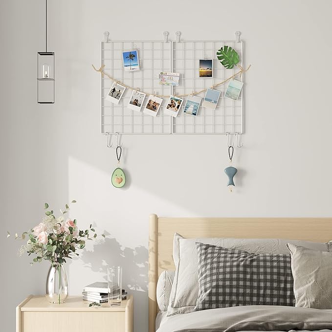 C&AHOME Photo Wall Display Set of 2, Grid Panel with Hooks, Clips, Hemp Cord, Hammer - 15.7" x 11.8", White UWWGM3402W