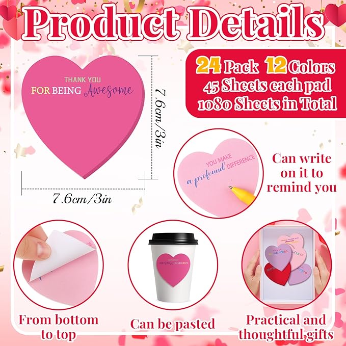 Teling 24 Pack Valentine's Day Sticky Notes Heart Shape Sticky Notes 3 x 3 Inch Thank You Notepads Bulk Cute Memo Pads for Valentines Party Gifts School Office Supplies (Red Pink Purple)