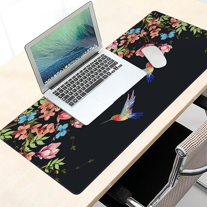 Extra Large Mouse Pads Hummingbirds and Flowers XXL Extended Mousepad with Stitched Edges Non-Slip Rubber Base Computer Keyboard Pad Desk Mat for Home Office Desk Decor, 35.4" X 15.7"