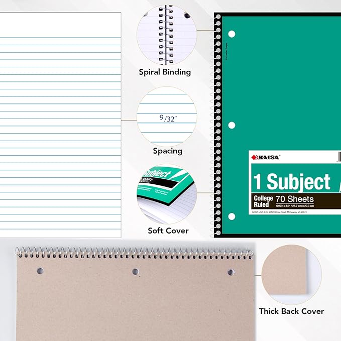 KAISA 70 Sheet 1-Subject Wirebound Notebook Spiral Notebooks, College Ruled 10.5x8 Spiral Notebooks For School Students Office, Pack of 6 Pads,S07001C