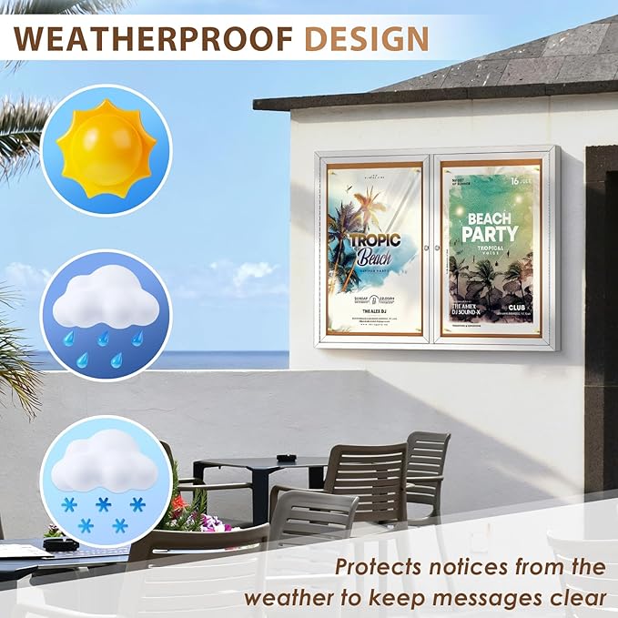 SWANCROWN Weather Resistant Enclosed Bulletin Board Cork Displays Boards Wall Mounted Notice Case with 2 Locking Door,43x31 inches