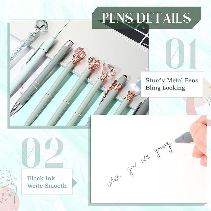 Janmini 9 Pcs Ballpoint Pens Set Metal Crystal Diamond Glitter Pens for Journaling Black Ink Pretty Cute Things Fancy Stationery Gifts for Women Girls Birthday Home Office Desk (Sage Green)