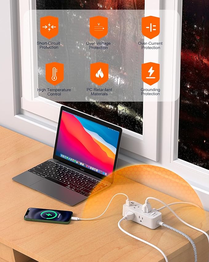Flat Plug Power Strip, BESHON Flat Extension Cord, 5ft Ultra Thin Flat Plug Extension Cord - 6 AC with 3 USB Ports(1 USB C), Wall Mount, 3-Side Power Strip Surge Protector for Dorm Room Essentials