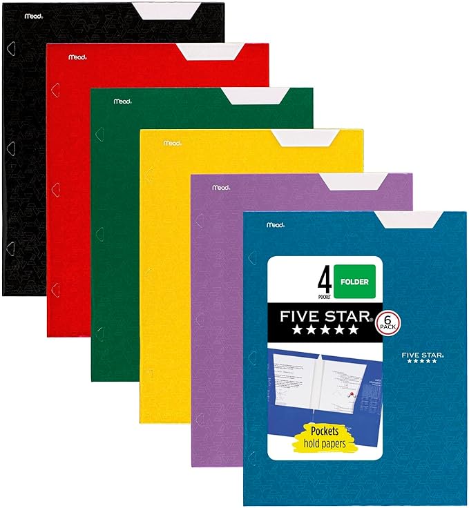 Five Star 4-Pocket Folder, 6 Pack, Paper Folder, Fits 3-Ring Binders, Holds 8-1/2" x 11" Paper, Assorted Colors (38056)