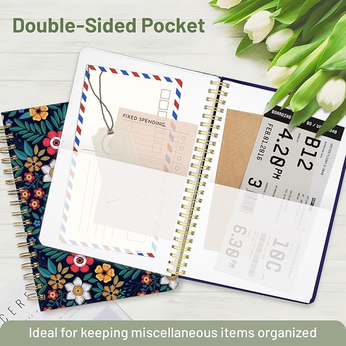 Stanoha Cute Spiral Notebook A5 Journal for Women Girls Kawaii Aesthetic Pretty Floral Design with Pocket, 8.5 x 5.7 inch, Graph, Dark Flower