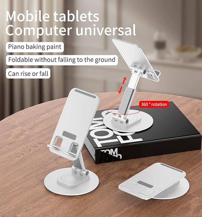 360° Degree Rotating Mobile Phone Holder,Fully Adjustable Foldable Desktop Phone Holder Stand Base,Foldable Desktop Cell Phone Stands for iPhone17 16 15 Pro Max Plus iPad Samsung (K39B-White)