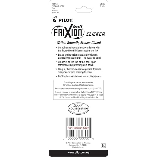 PILOT FriXion Clicker Erasable Pens, Refillable & Retractable Gel Ink Pens, Fine Point 0.7 mm, Black Ink, 3-Pack - Ideal for School, Journaling, & Office Writing
