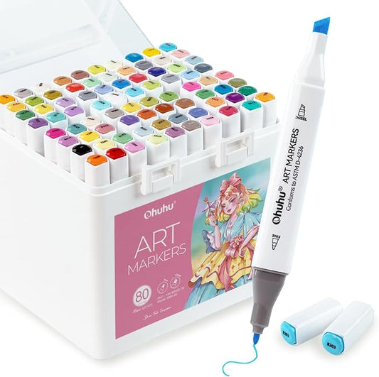 Ohuhu Markers for Starters, 80-color Chisel & Fine Dual Tips Alcohol Markers Coloring Illustration Sketching Alcohol Art Marker Set for Adult Beginner, Great Value Pack for Students' Art Class -Manoa