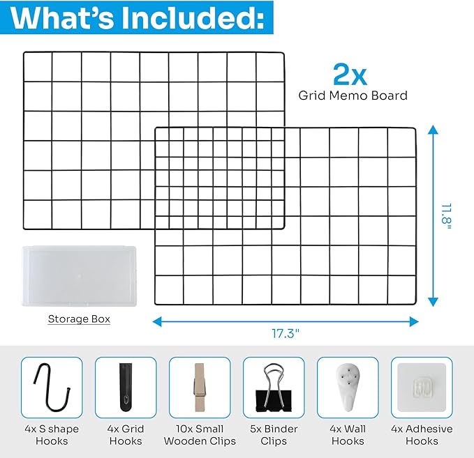 Metal Grid Wall Panel Black, Wire Photo Display Organizer, 17.3"×11.8" Board, Picture Frame, 2-Pack Mesh Memo Board with Clips and Hooks