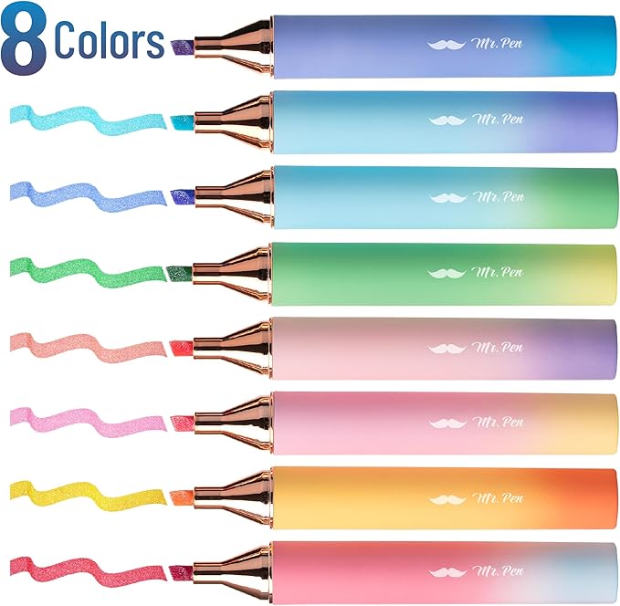 Mr. Pen- Glitter Highlighters, 8 Pack, Sunshine Colors, Chisel Tip, Cute Highlighters for School, Glitter Marker