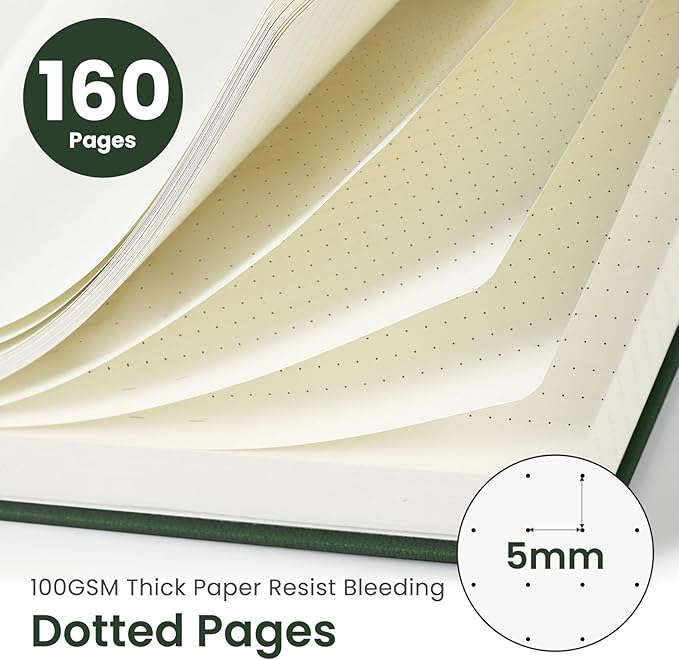 Taja Dotted Journal Notebook for Women & Men, Hardcover Leather Journal for Writing, A5 Dotted Journaling Notebook for Work & Sketching, Perfect for Office School Home Supplies, 160 Pages, Dark Green