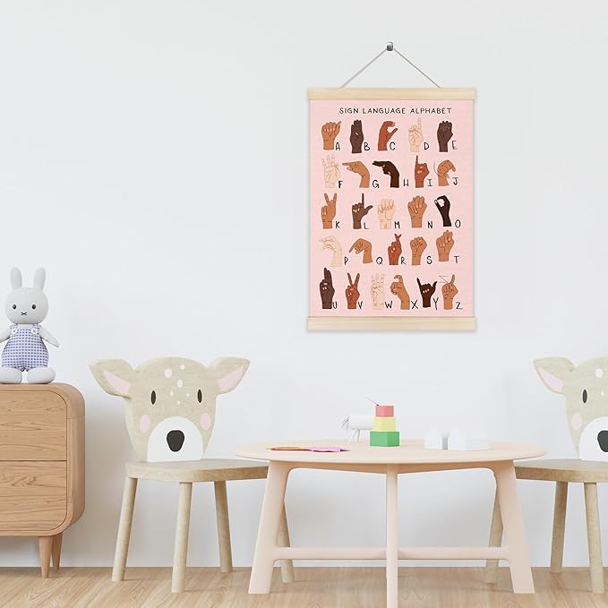 Koesus Sign Language Alphabet Wall Art Poster Hanger Frame 12x16 Inch, Special Education Poster, Educational Canvas Pictures Prints Framed Wall Decor for Classroom Kid Nursery Bedroom Playroom