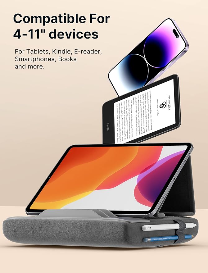 JSAUX Tablet Pillow Stand, Tablet Stand Holder Dock for Lap, Bed and Desk Compatible with iPad Pro 11 10.5 9.7 10.2 Air Mini, Kindle, Tablets, Phones, E-Reader, Books and More 4-10.9'' Devices Grey