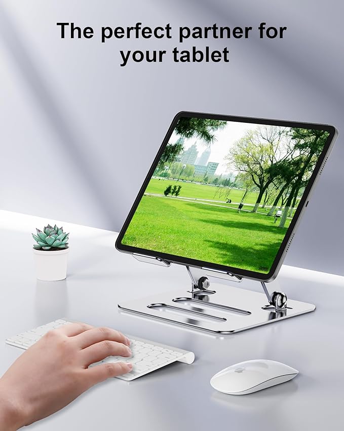 T-Ablet Stand Holder for iPad for Desk, Adjustable Foldable Aluminium Travel T-Ablet Stand for Kindle and T-Ablet (4.7-12.9 inch) Compatible with iPad Pro/Air/Mini, Silver